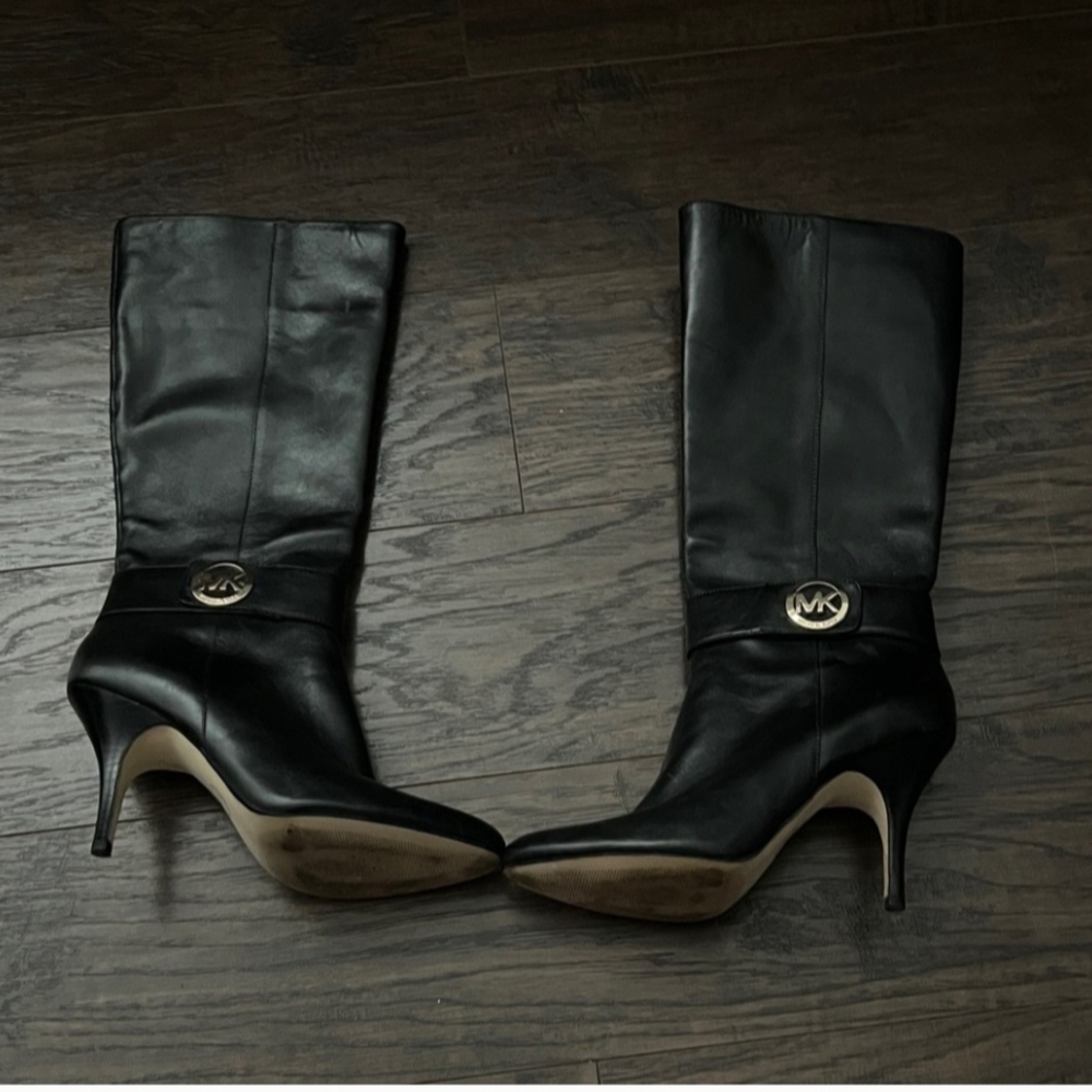 Michael Kors Black Leather Knee-High Heeled Boots with Gold MK Accent